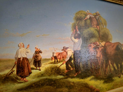 Antique Italian Oil Painting Haymaking Scene with Oxen, 19th Century Roman Countryside, Signed Rural Artwork, Rustic Farm Wall Decor