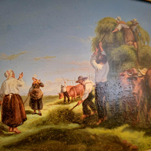 Antique Italian Oil Painting Haymaking Scene with Oxen, 19th Century Roman Countryside, Signed Rural Artwork, Rustic Farm Wall Decor