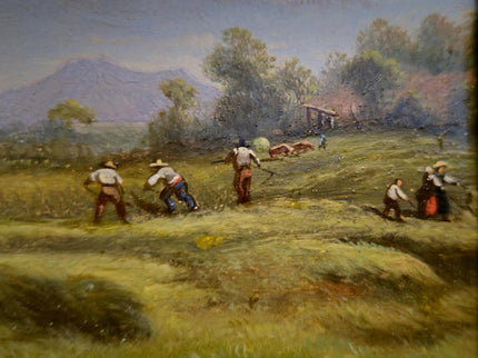 Antique Italian Oil Painting Haymaking Scene with Oxen, 19th Century Roman Countryside, Signed Rural Artwork, Rustic Farm Wall Decor
