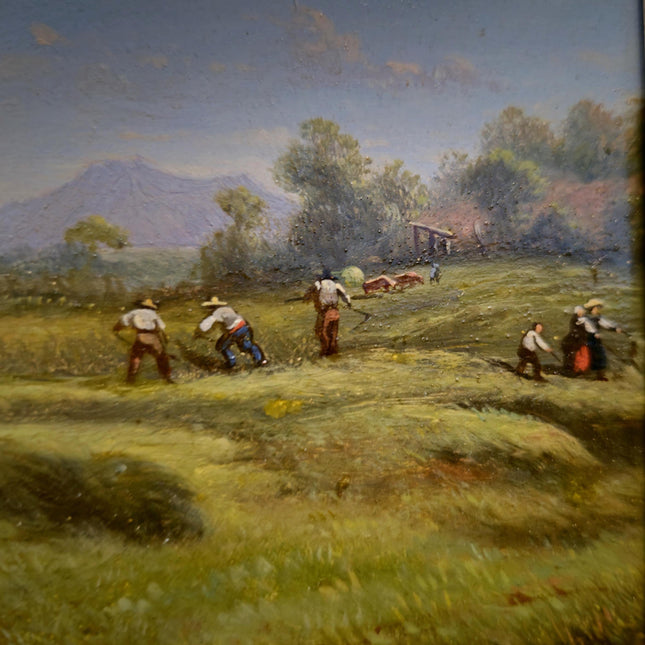 Antique Italian Oil Painting Haymaking Scene with Oxen, 19th Century Roman Countryside, Signed Rural Artwork, Rustic Farm Wall Decor