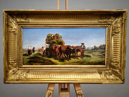 Antique Italian Oil Painting Haymaking Scene with Oxen, 19th Century Roman Countryside, Signed Rural Artwork, Rustic Farm Wall Decor