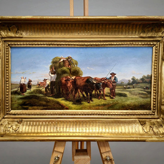 Antique Italian Oil Painting Haymaking Scene with Oxen, 19th Century Roman Countryside, Signed Rural Artwork, Rustic Farm Wall Decor