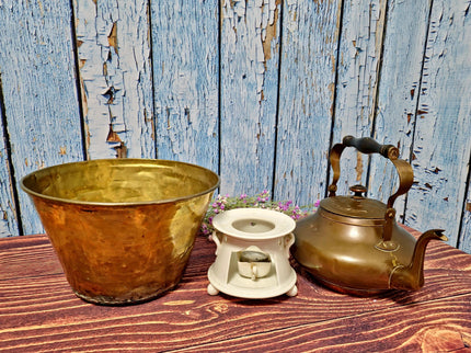 Antique Dutch Copper Tea Kettle Warmer, Walnut Pedestal, 19th Century Decor