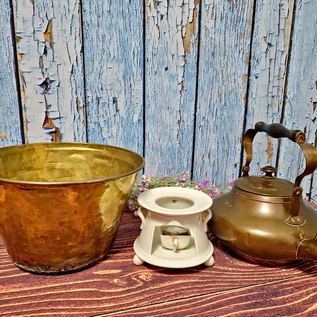 Antique Dutch Copper Tea Kettle Warmer, Walnut Pedestal, 19th Century Decor
