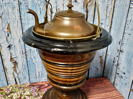 Antique Dutch Copper Tea Kettle Warmer, Walnut Pedestal, 19th Century Decor