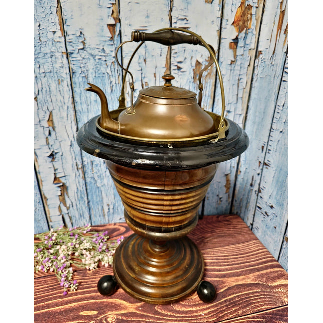 Antique Dutch Copper Tea Kettle Warmer, Walnut Pedestal, 19th Century Decor