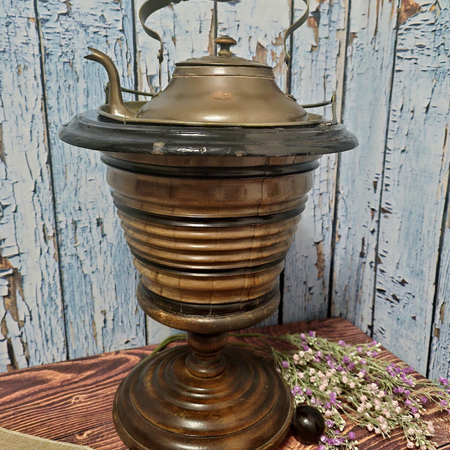 Antique Dutch Copper Tea Kettle Warmer, Walnut Pedestal, 19th Century Decor