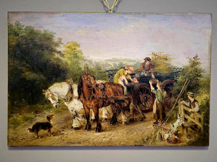 Antique British Oil Painting Horse Scene, Signed Victorian Pastoral Landscape, 19th Century Rural Artwork, Original Fine Art