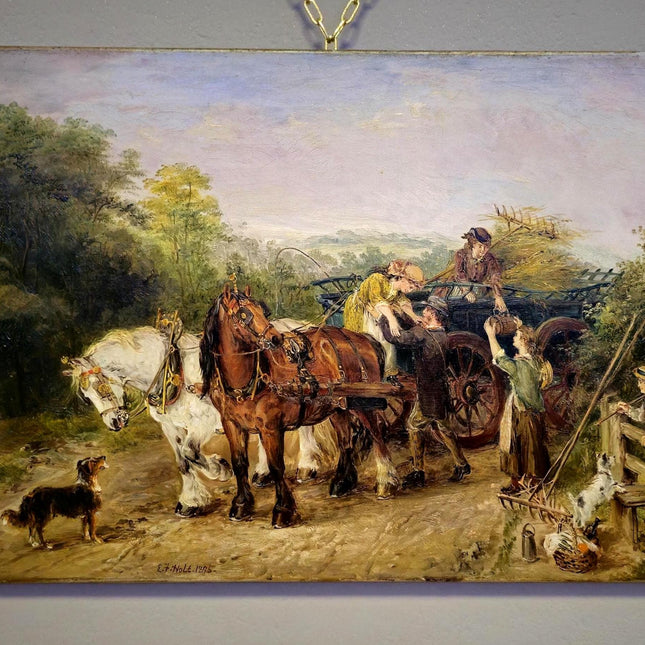 Antique British Oil Painting Horse Scene, Signed Victorian Pastoral Landscape, 19th Century Rural Artwork, Original Fine Art