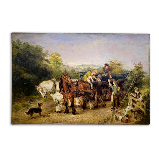 Antique British Oil Painting Horse Scene, Signed Victorian Pastoral Landscape, 19th Century Rural Artwork, Original Fine Art