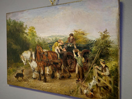Antique British Oil Painting Horse Scene, Signed Victorian Pastoral Landscape, 19th Century Rural Artwork, Original Fine Art