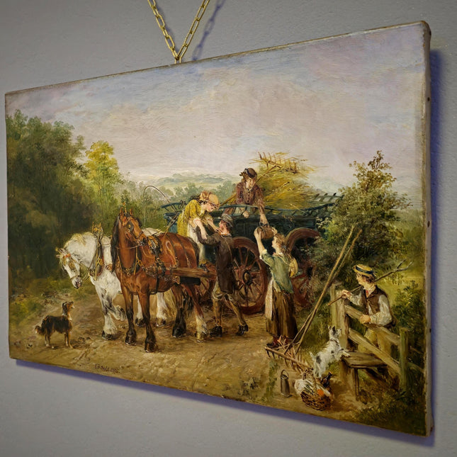 Antique British Oil Painting Horse Scene, Signed Victorian Pastoral Landscape, 19th Century Rural Artwork, Original Fine Art