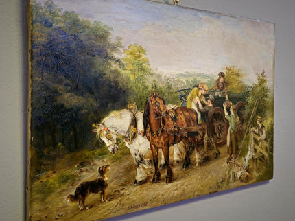 Antique British Oil Painting Horse Scene, Signed Victorian Pastoral Landscape, 19th Century Rural Artwork, Original Fine Art