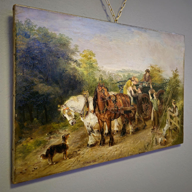 Antique British Oil Painting Horse Scene, Signed Victorian Pastoral Landscape, 19th Century Rural Artwork, Original Fine Art