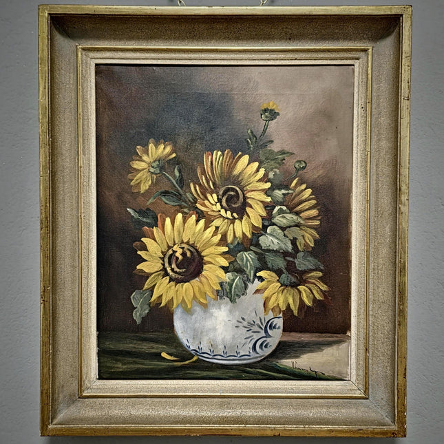 Vintage Sunflowers Painting, Original Floral Oil Painting on Canvas, Still Life Framed Wall Art, Nature Painting for Home Decor