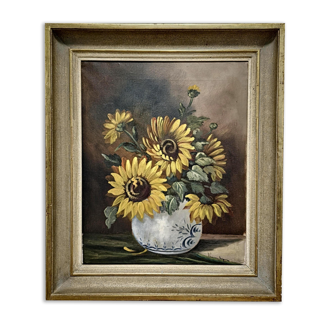 Vintage Sunflowers Painting, Original Floral Oil Painting on Canvas, Still Life Framed Wall Art, Nature Painting for Home Decor