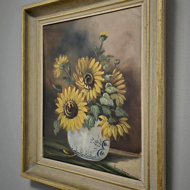 Vintage Sunflowers Painting, Original Floral Oil Painting on Canvas, Still Life Framed Wall Art, Nature Painting for Home Decor