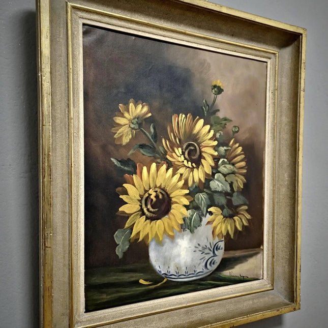 Vintage Sunflowers Painting, Original Floral Oil Painting on Canvas, Still Life Framed Wall Art, Nature Painting for Home Decor