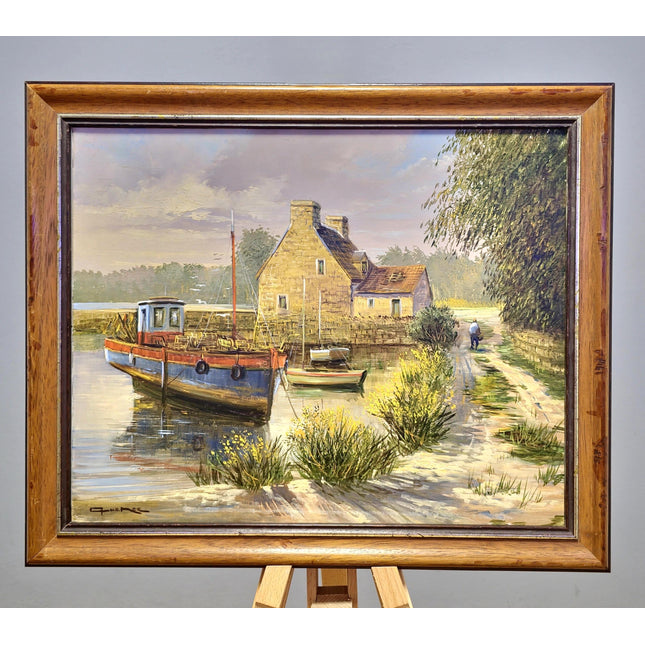 Vintage French Boats Painting, Original Oil Painting, Brittany Harbor Scene, Above Bed Decor, 1940s Nautical Artwork, Housewarming Art Gift