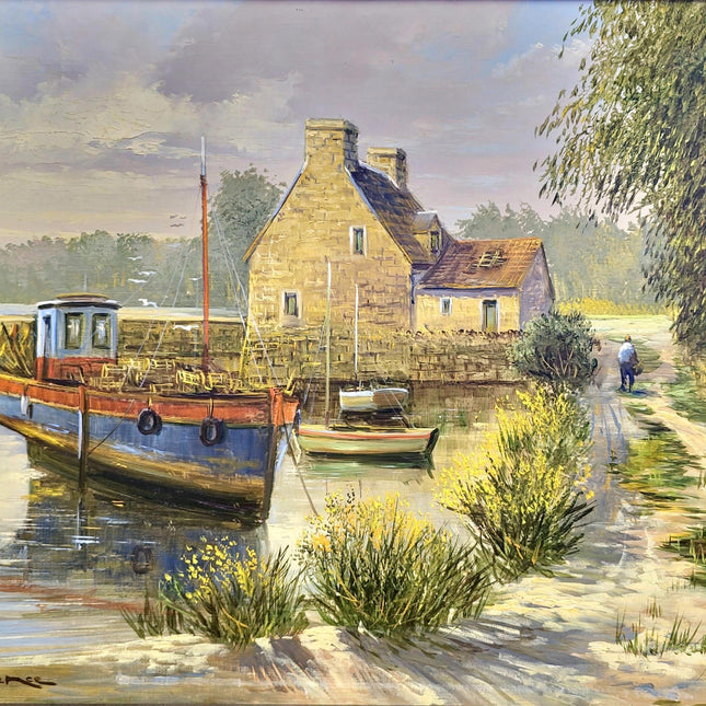 Vintage French Boats Painting, Original Oil Painting, Brittany Harbor Scene, Above Bed Decor, 1940s Nautical Artwork, Housewarming Art Gift
