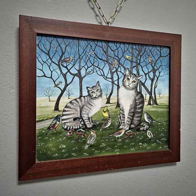 Naive Cat Oil Painting, Rustic Animal Folk Art, Vintage European Wall Decor, Original Cottagecore Artwork, Signed Cat and Bird Scene