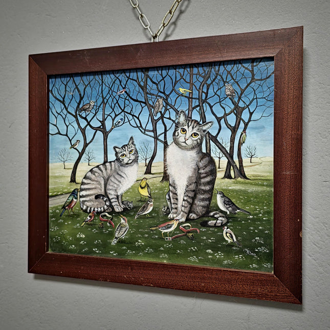 Naive Cat Oil Painting, Rustic Animal Folk Art, Vintage European Wall Decor, Original Cottagecore Artwork, Signed Cat and Bird Scene