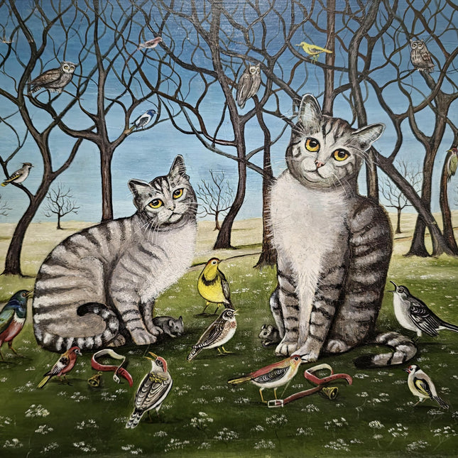 Naive Cat Oil Painting, Rustic Animal Folk Art, Vintage European Wall Decor, Original Cottagecore Artwork, Signed Cat and Bird Scene