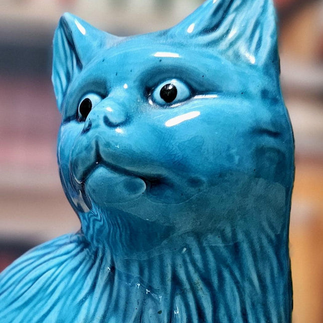 Vintage Turquoise Ceramic Cat Figurine – Mid-Century Modern Faience Sculpture