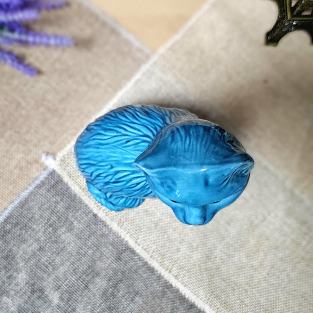 Vintage Turquoise Ceramic Cat Figurine – Mid-Century Modern Faience Sculpture