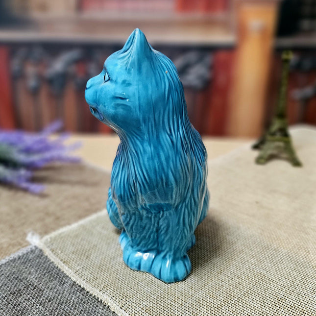 Vintage Turquoise Ceramic Cat Figurine – Mid-Century Modern Faience Sculpture