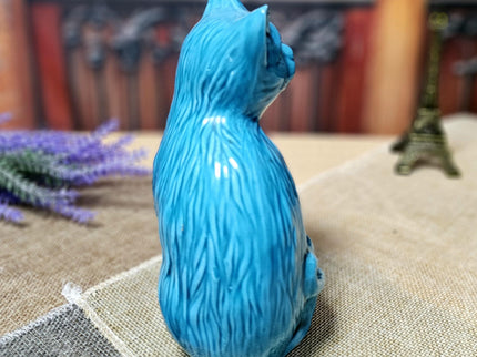 Vintage Turquoise Ceramic Cat Figurine – Mid-Century Modern Faience Sculpture