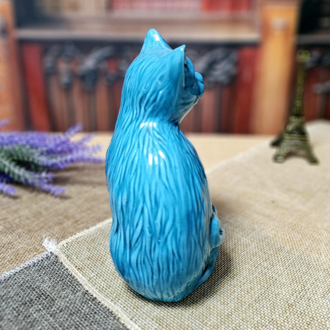 Vintage Turquoise Ceramic Cat Figurine – Mid-Century Modern Faience Sculpture