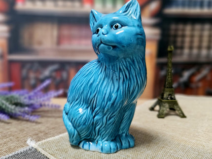Vintage Turquoise Ceramic Cat Figurine – Mid-Century Modern Faience Sculpture