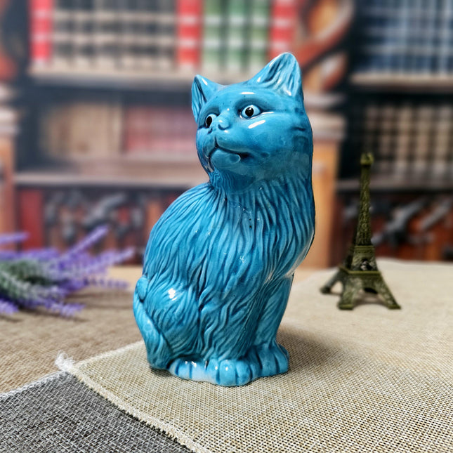 Vintage Turquoise Ceramic Cat Figurine – Mid-Century Modern Faience Sculpture