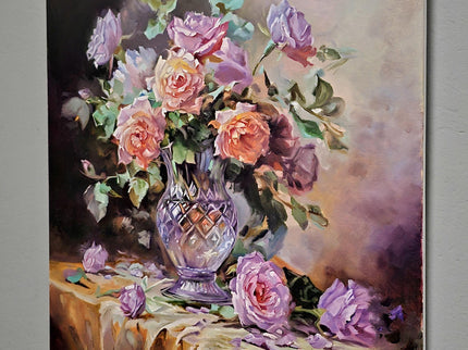 Romantic Rose Still Life Oil Painting, Floral Art, Classic Home Decor, Elegant Bouquet Canvas, Gift For Bedroom Collectible Original Artwork