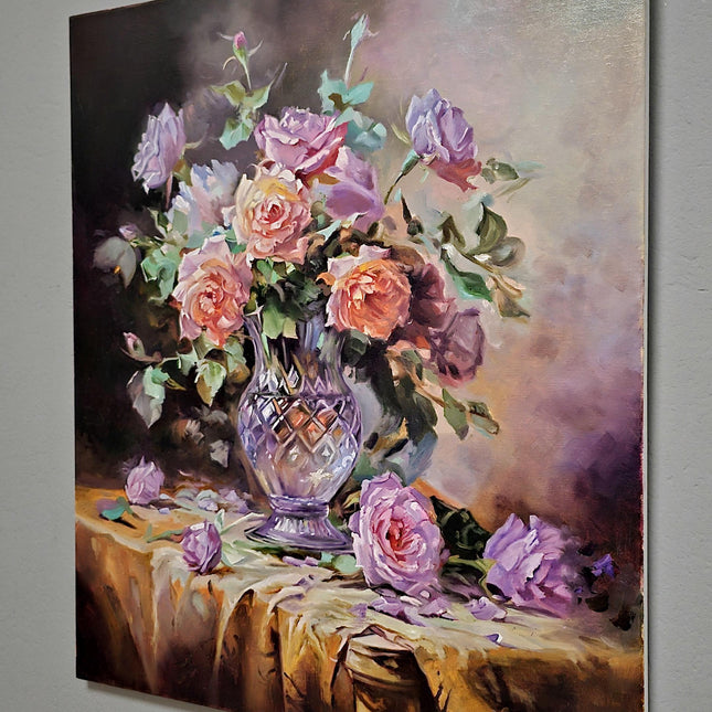 Romantic Rose Still Life Oil Painting, Floral Art, Classic Home Decor, Elegant Bouquet Canvas, Gift For Bedroom Collectible Original Artwork