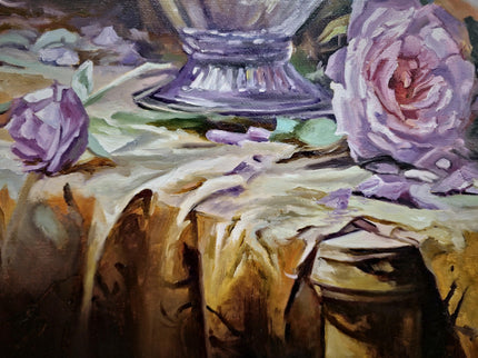 Romantic Rose Still Life Oil Painting, Floral Art, Classic Home Decor, Elegant Bouquet Canvas, Gift For Bedroom Collectible Original Artwork