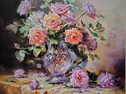 Romantic Rose Still Life Oil Painting, Floral Art, Classic Home Decor, Elegant Bouquet Canvas, Gift For Bedroom Collectible Original Artwork