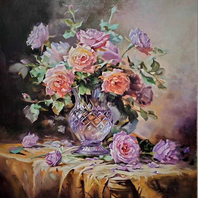 Romantic Rose Still Life Oil Painting, Floral Art, Classic Home Decor, Elegant Bouquet Canvas, Gift For Bedroom Collectible Original Artwork