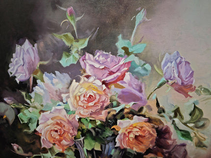 Romantic Rose Still Life Oil Painting, Floral Art, Classic Home Decor, Elegant Bouquet Canvas, Gift For Bedroom Collectible Original Artwork