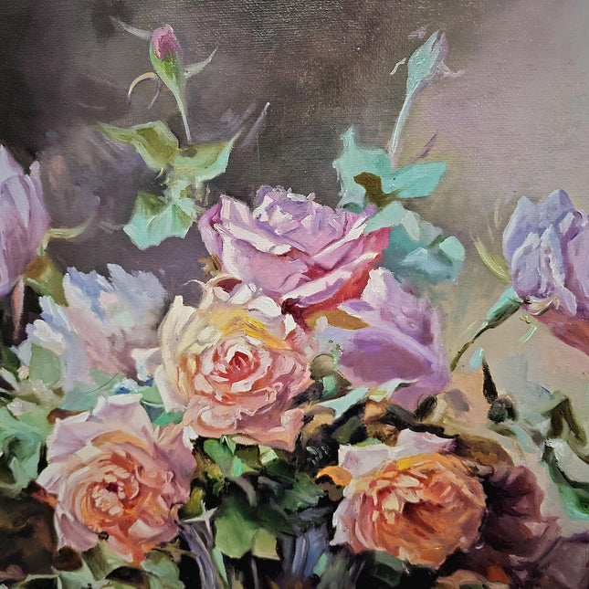 Romantic Rose Still Life Oil Painting, Floral Art, Classic Home Decor, Elegant Bouquet Canvas, Gift For Bedroom Collectible Original Artwork