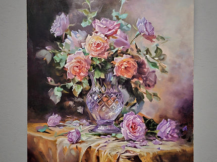 Romantic Rose Still Life Oil Painting, Floral Art, Classic Home Decor, Elegant Bouquet Canvas, Gift For Bedroom Collectible Original Artwork