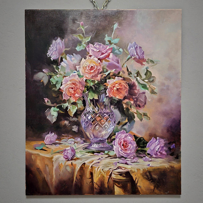 Romantic Rose Still Life Oil Painting, Floral Art, Classic Home Decor, Elegant Bouquet Canvas, Gift For Bedroom Collectible Original Artwork