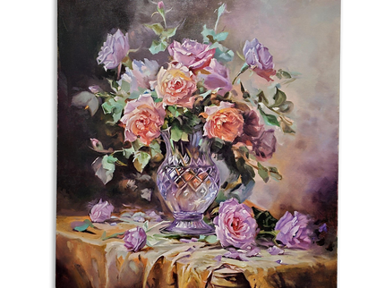 Romantic Rose Still Life Oil Painting, Floral Art, Classic Home Decor, Elegant Bouquet Canvas, Gift For Bedroom Collectible Original Artwork
