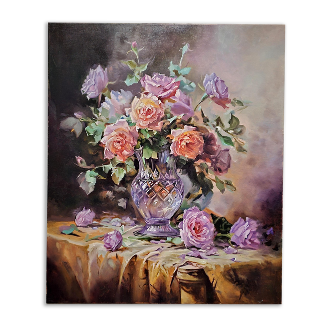 Romantic Rose Still Life Oil Painting, Floral Art, Classic Home Decor, Elegant Bouquet Canvas, Gift For Bedroom Collectible Original Artwork