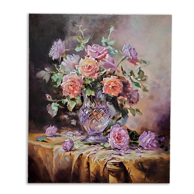 Romantic Rose Still Life Oil Painting, Floral Art, Classic Home Decor, Elegant Bouquet Canvas, Gift For Bedroom Collectible Original Artwork