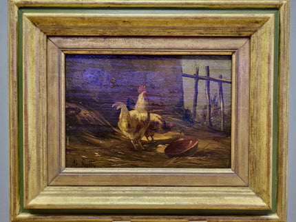 Antique Chicken Oil Painting, 19th Century Farm Scene, Framed Realism Wall Art, Rural Life Artwork, Rustic Home Decor, Housewarming Gift