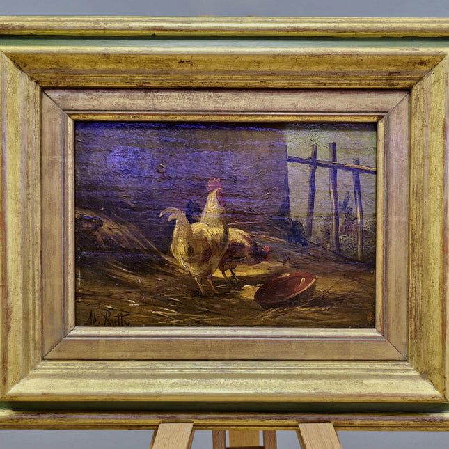 Antique Chicken Oil Painting, 19th Century Farm Scene, Framed Realism Wall Art, Rural Life Artwork, Rustic Home Decor, Housewarming Gift