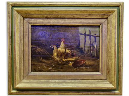 Antique Chicken Oil Painting, 19th Century Farm Scene, Framed Realism Wall Art, Rural Life Artwork, Rustic Home Decor, Housewarming Gift