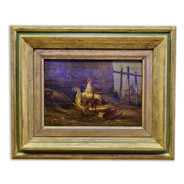 Antique Chicken Oil Painting, 19th Century Farm Scene, Framed Realism Wall Art, Rural Life Artwork, Rustic Home Decor, Housewarming Gift